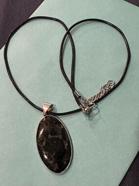 Handmade Black Stone Pendant Necklace with Silver Accent